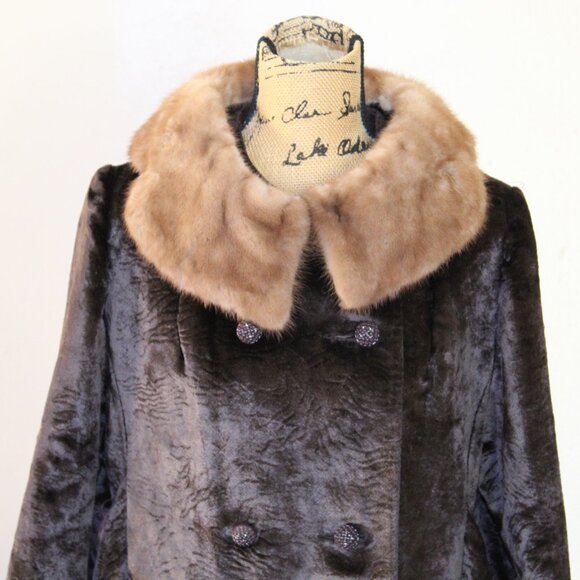 Vintage 60s Chocolate Brown Faux Fur Mink Collar 3/4 Sleeve Coat Women's M - Picture 2 of 16